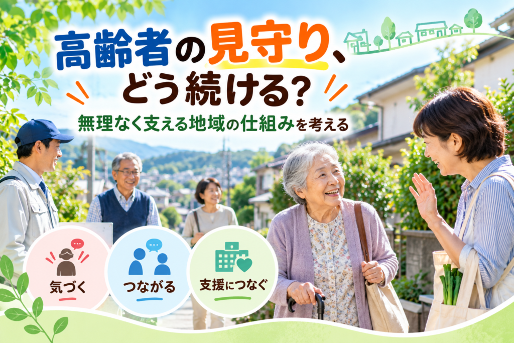 高齢者と地域住民が日常の声かけを通じてゆるやかに見守り合う地域のイメージ
